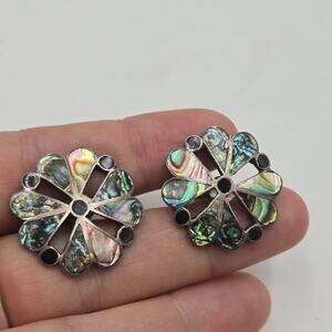 Sterling Silver Black Onyx Abalone Shell Inlay Srew Back Earrings Mexico Signed